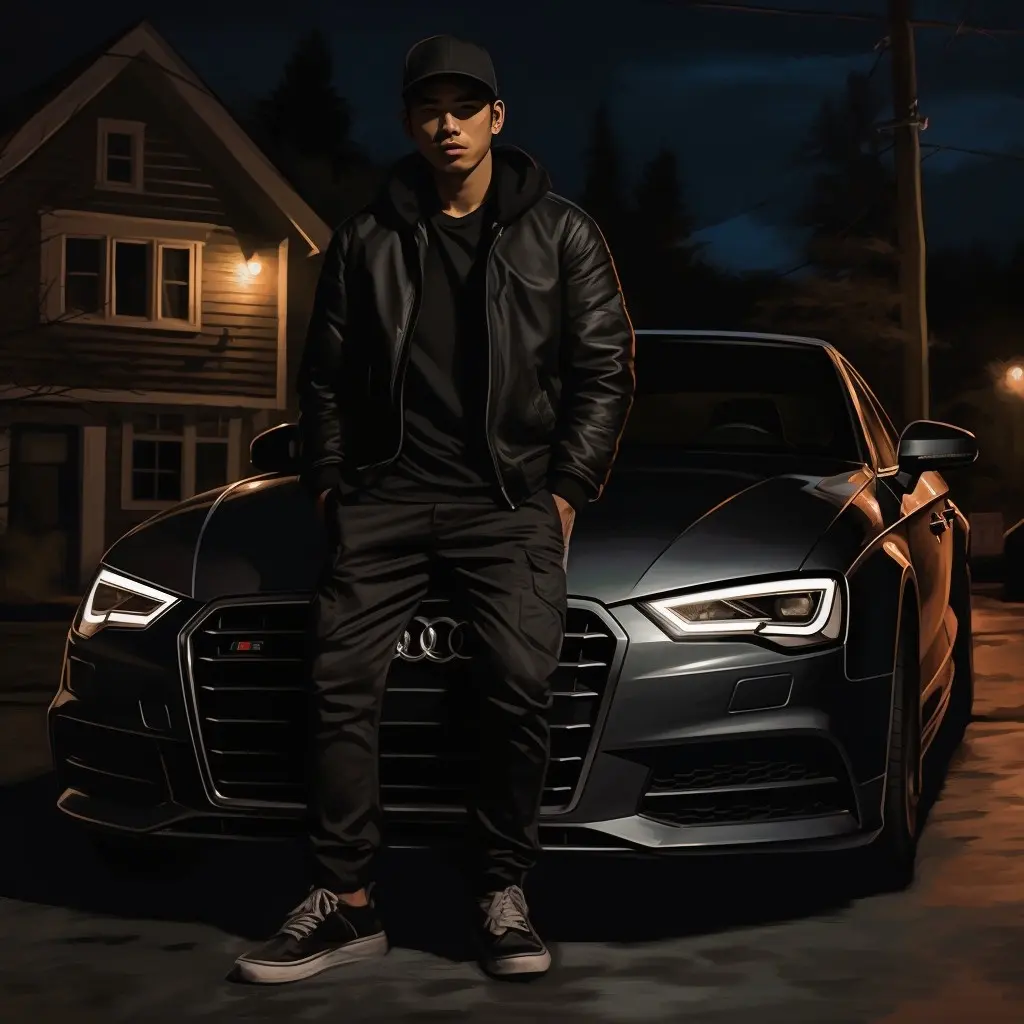 Christopher Dewan standing in front of his Daytona Gray Audi.